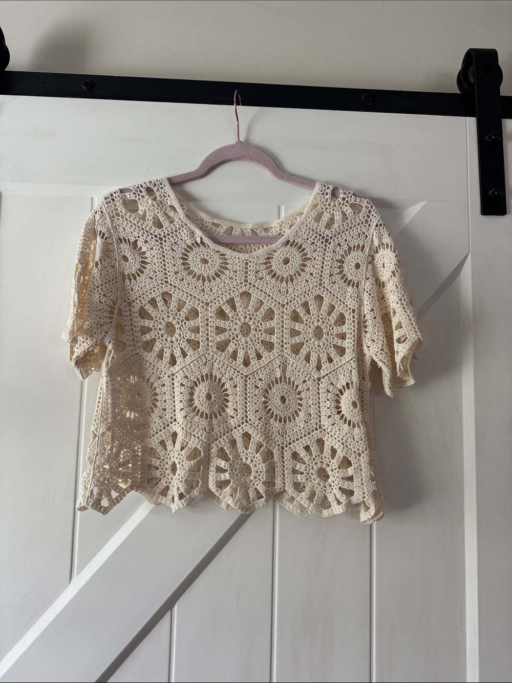 Crochet Lace Short Sleeve Top - Cream
